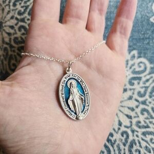 Vintage Silver & Blue Miraculous Medal Virgin Mary Necklace